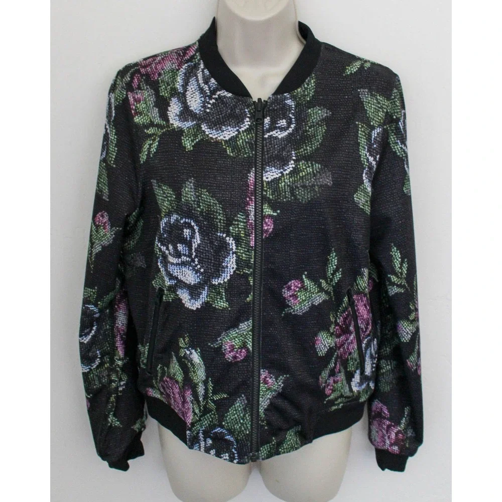 Lululemon Jacket Womens Medium ? Black Floral Reversible Bomber Full Zip Pockets